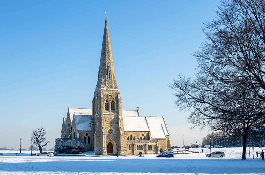 All Saints church at Blackheath, a refuge for Lewisham escorts on a snowy day